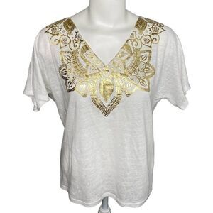 Chicos White Gold V Neck Dolman Sleeve Linen Top‎ Sz 1 Medium